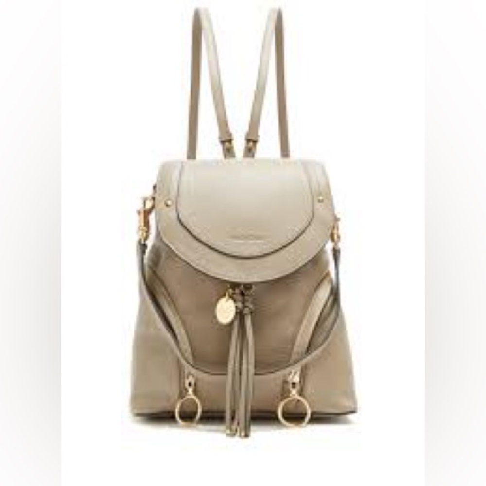 See By Chloe Taupe Leather Backpack with Tassel and Gold Hardware